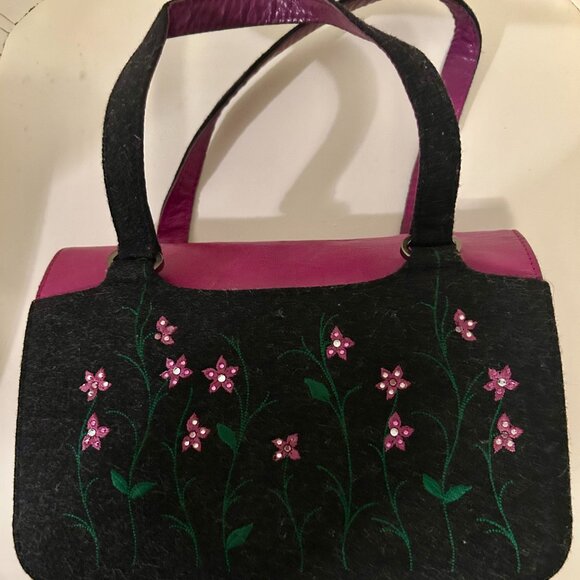 Bruno Magli Black Wool & Fuchsia Leather Handbag - Picture 5 of 16